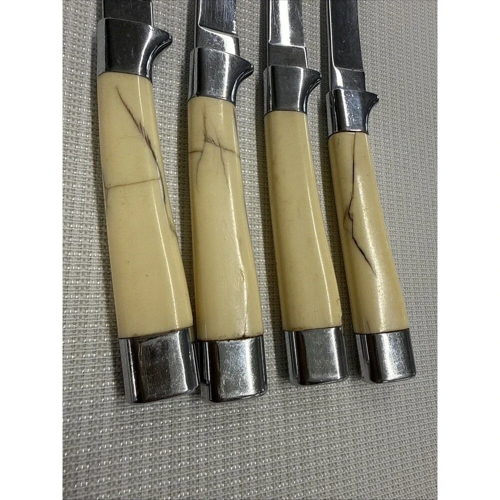 Set of 4 Vintage Briddell Steak Knifes Cream Handle MCM Kitchen w/ knife caddy